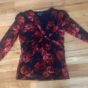 INC International Concepts Black Sheer Top with Red Rose Print and Twist Detail